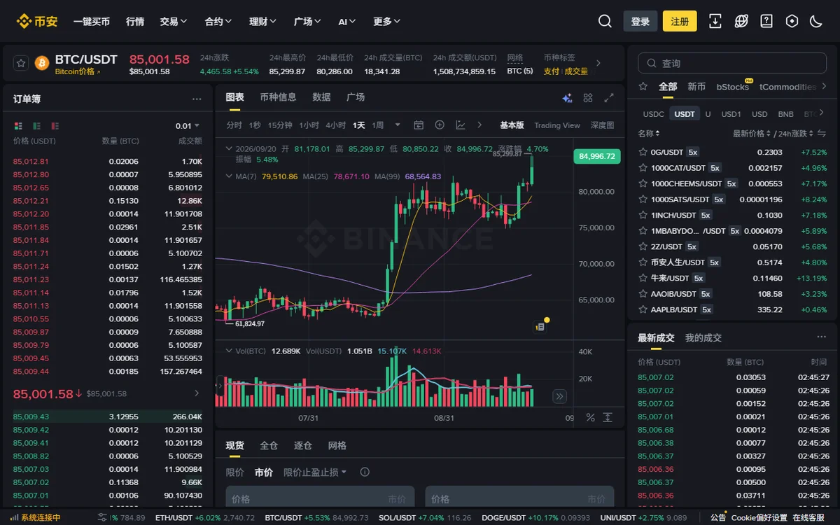 币安 BTC/USDT 现货交易页面:左侧是订单簿报价,中间是 K 线图,右侧是币种列表,下方是限价单的价格和数量输入区